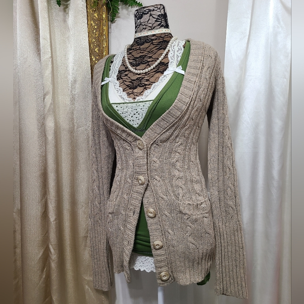 ♡ Y2K ♡ Abercrombie Beige Brown Cableknit Rabbit Hair Babydoll Cardigan Sweater - Picture 3 of 10